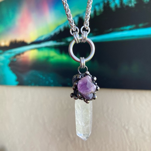 Natural raw purple amethyst &  crystal quartz gemstone boho charm necklace - Picture 5 of 16